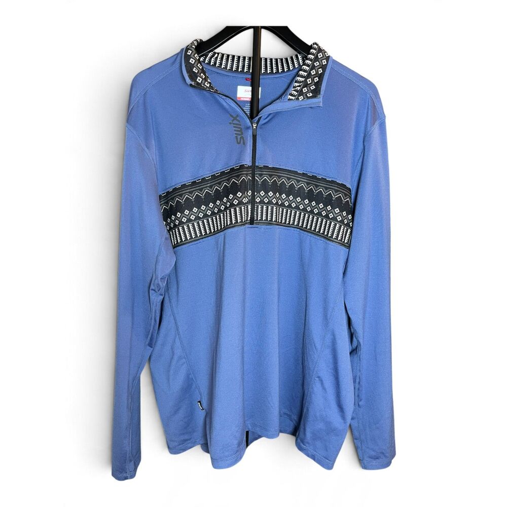 Swix Mens XXL Blue 1/2 Zip Pullover Nordic Fair Isle Ski Base Layer Shirt